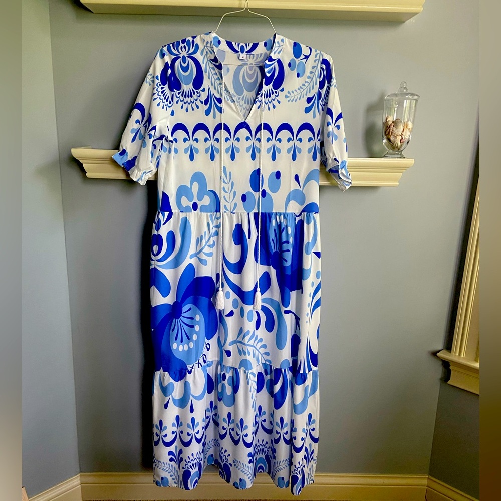 Vibrant Blue and White Patterned Midi Dress